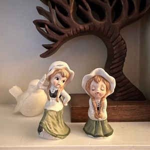Set of 2 Bisque Ceramic Irish Lassie Figurines - Kissing & Jig Dancing - 3.75”